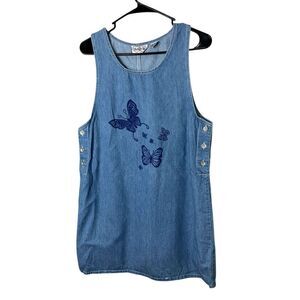 Vintage Beth & Me Y2K Denim Butterfly Print Jumper Dress Size M